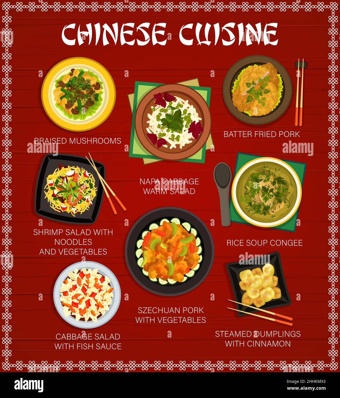 Chinese cuisine vector menu with Asian dishes of vegetable, seafood and meat food. Rice soup