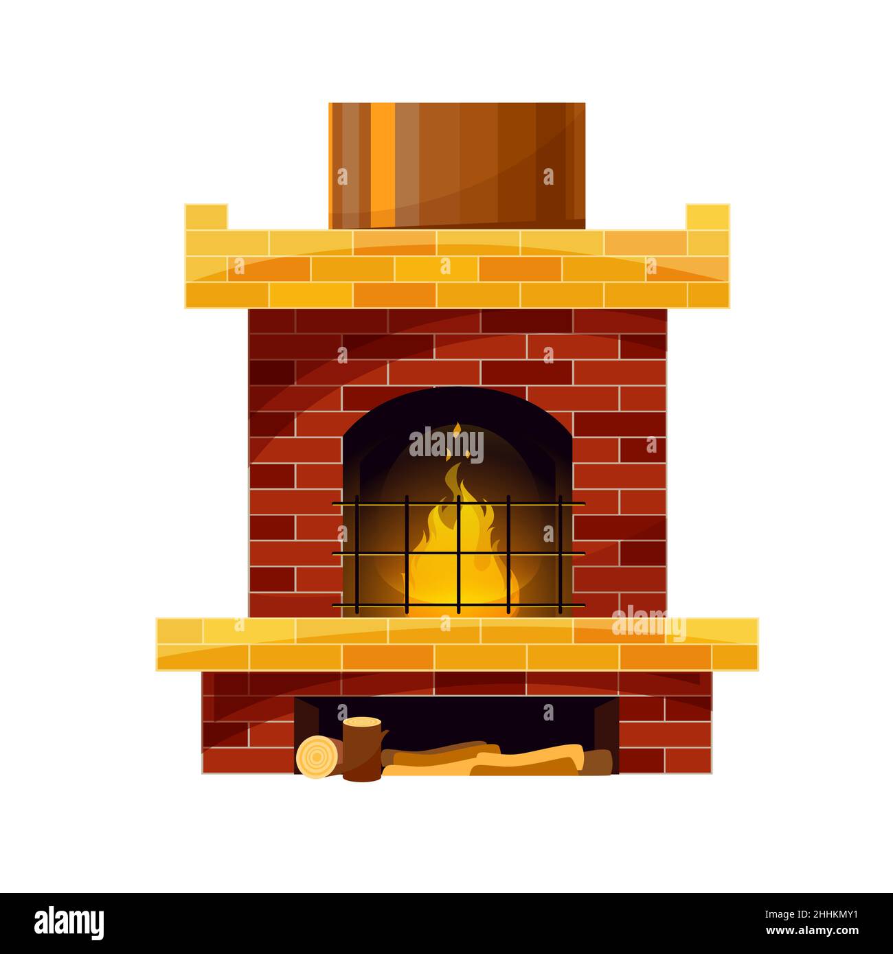 Brick fireplace or hearth with firewood and burning fire. Vector traditional style indoors chimney with grate and place for logs. Vintage home firesid Stock Vector