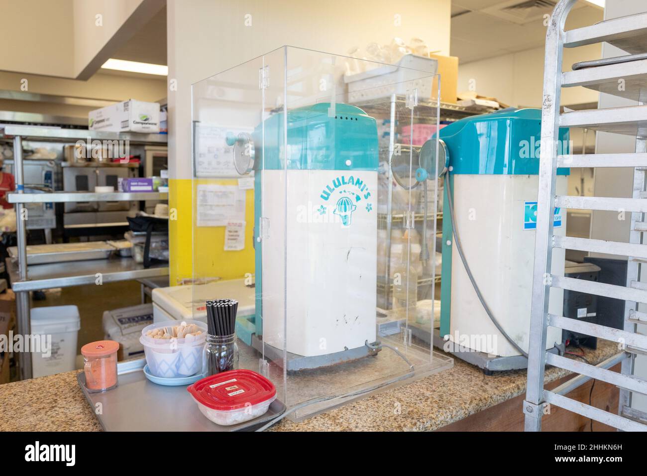 Ice shaving machines at Ululani's Shave Ice restaurant on Maui, Wailuku