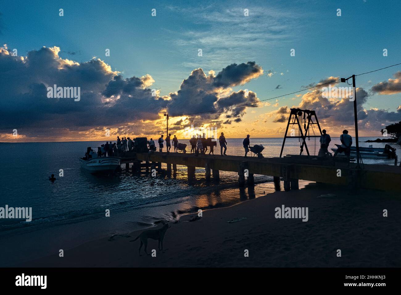 Panga ferry arrival at sunset, Little Corn Island, Nicaragua Stock