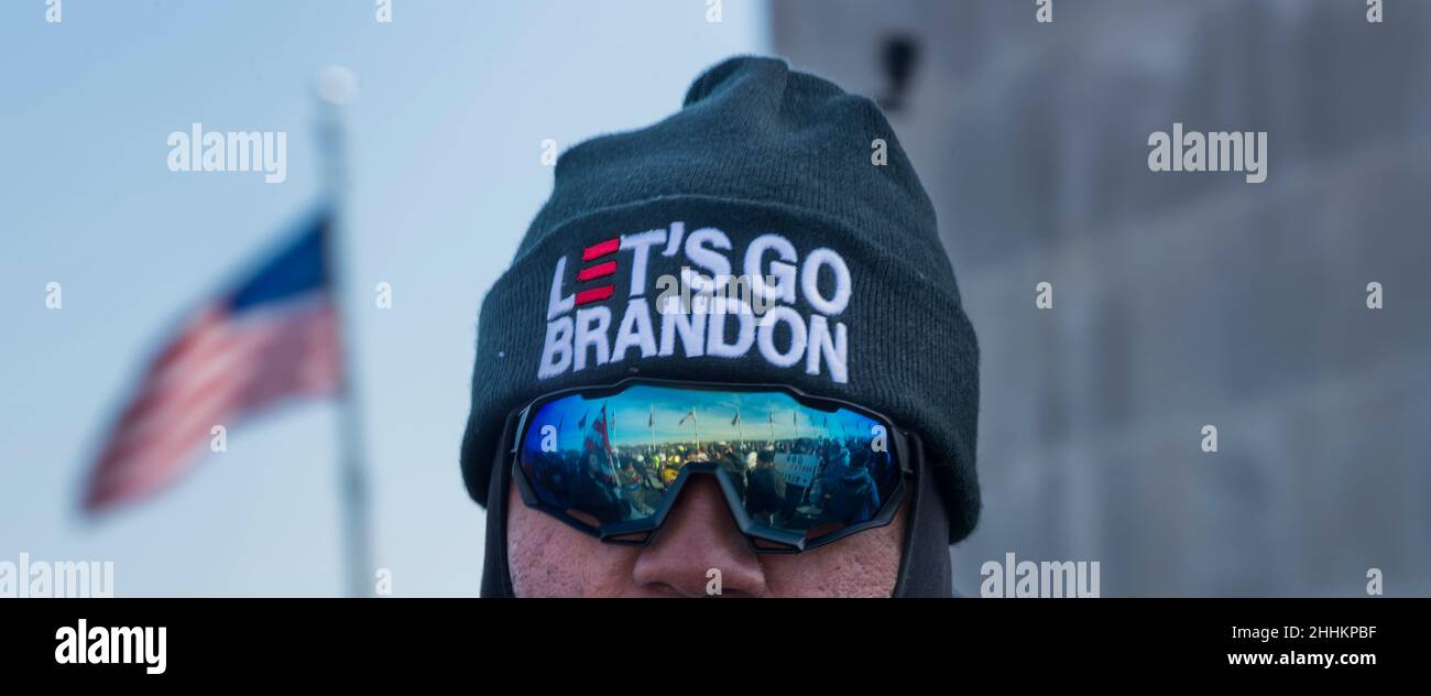 Lets Go Brandon hat. Defeat the Mandates march at Washington Monument, protesting mask & COVID-19 vaccination mandates. January 23, 2022, WashingtonDC Stock Photo