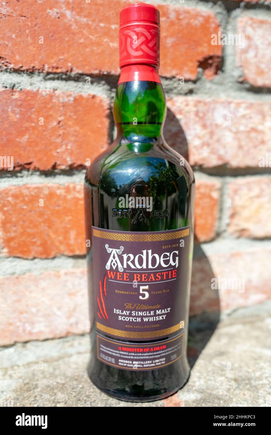 Close-up of a bottle of Wee Beastie Scotch whisky from distiller Ardbeg, aged for an unusually short period of five years, in an outdoor setting, Lafayette, California, September 24, 2021. Photo courtesy Sftm. Stock Photo