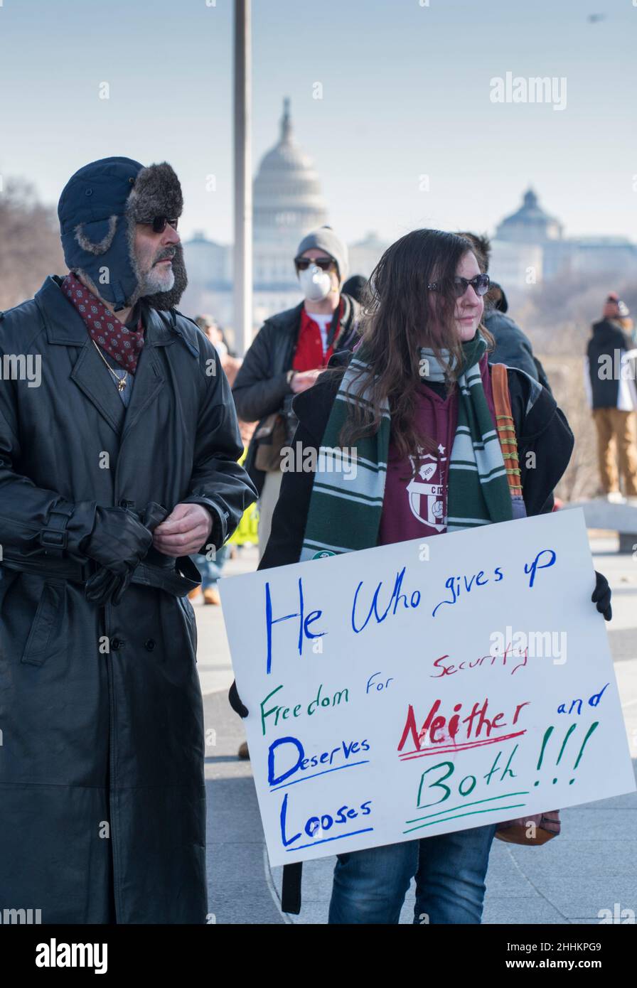 Demonstrators participate in a Defeat the Mandates march in Washington DC, on January 23, 2022, protesting mask and COVID-19 vaccination mandates. US. Stock Photo