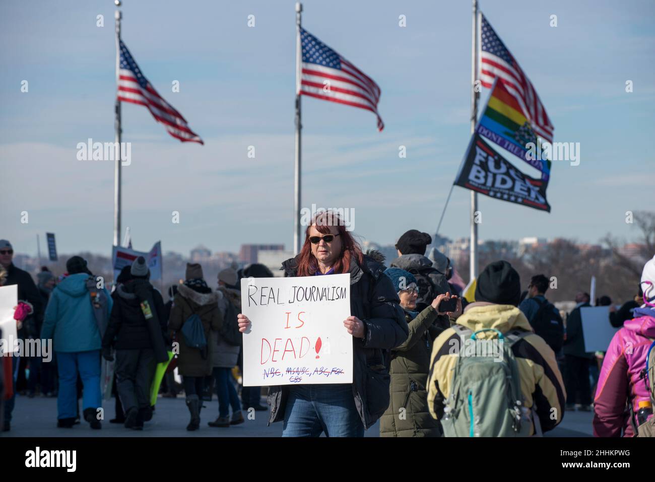 Demonstrators participate in Defeat the Mandates march in Washington, DC, on January 23, 2022, protesting mask and COVID-19 vaccination mandates. US. Stock Photo