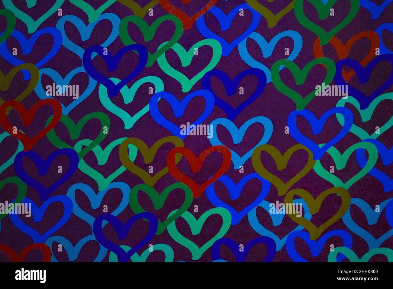 Valentine's day concept with colorful heart patterns background. Colorful love concept idea with lots of hearts on the wall illustration. Stock Photo