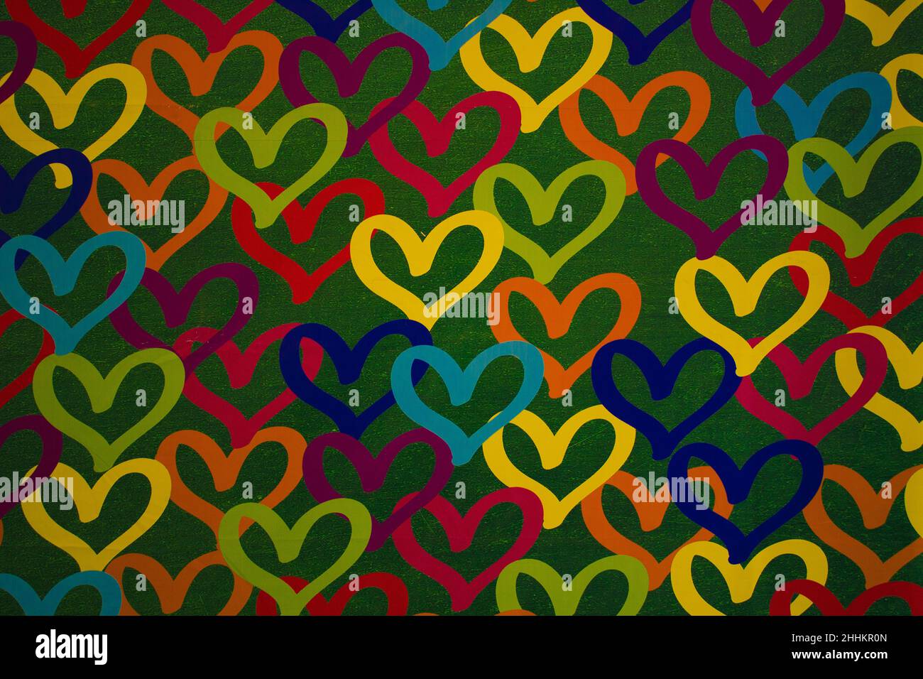 Valentine's day concept with colorful heart patterns background. Colorful love concept idea with lots of hearts on the wall illustration. Stock Photo