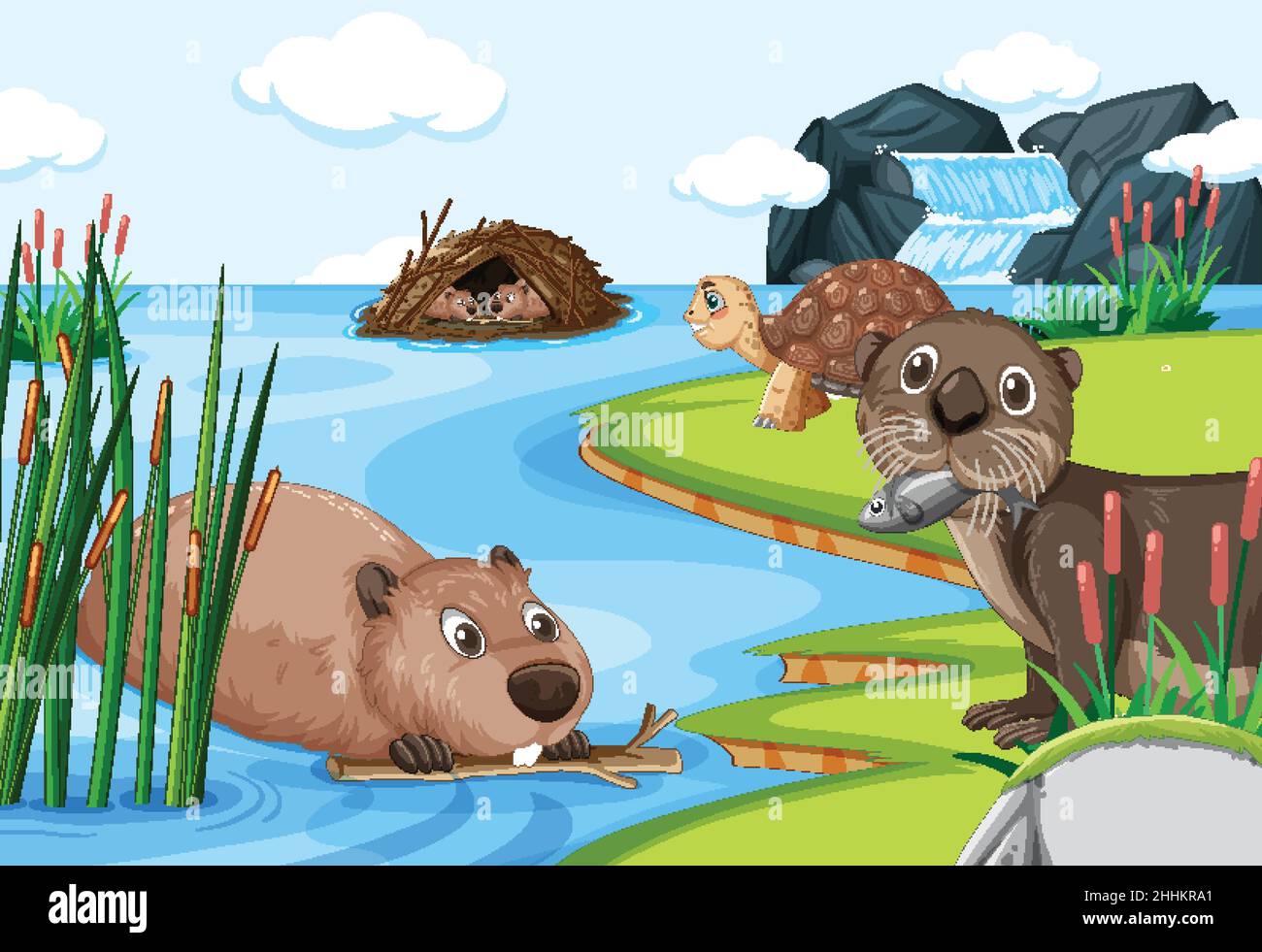 An otter with beavers and a tortoise in the forest background ...