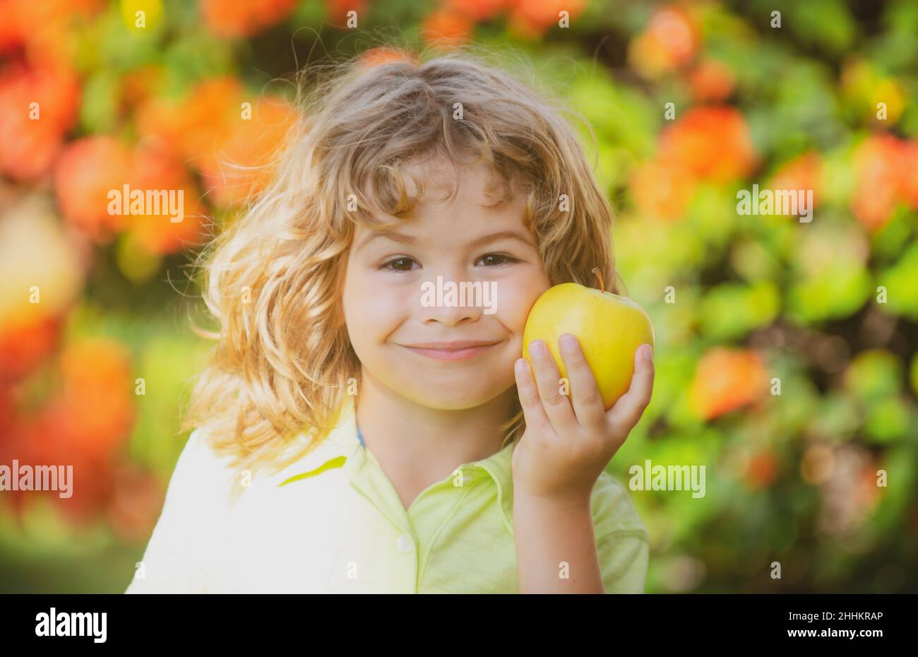 Child kid eating apple fruit outdoor autumn fall nature healthy outdoors. Stock Photo