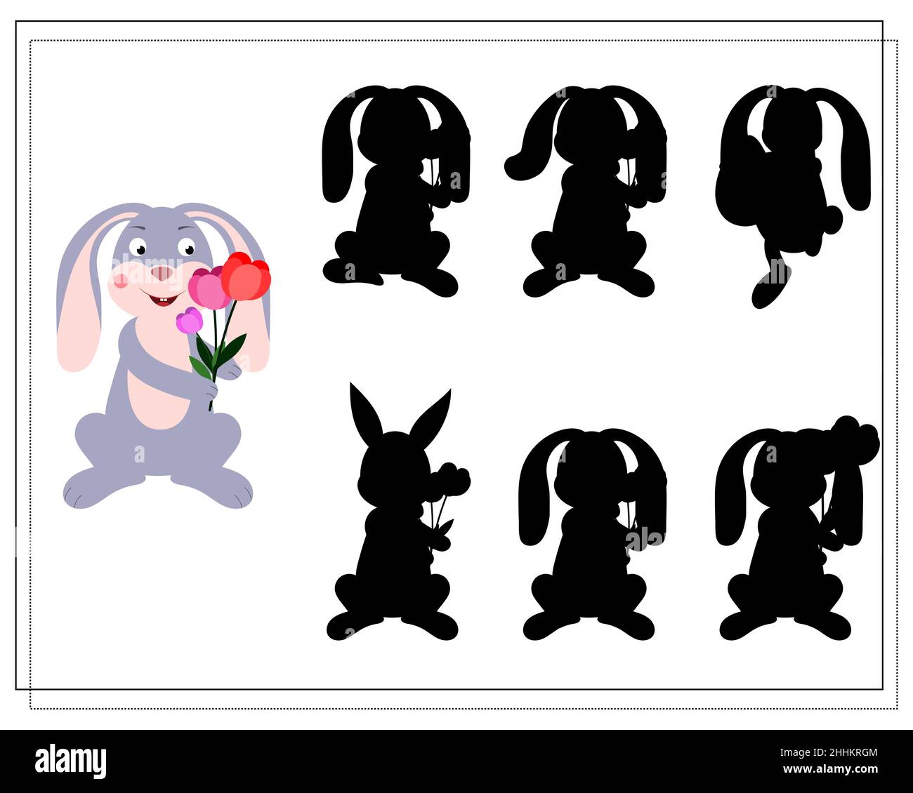 Children's logic game find the right shadow. A hare with flowers. Vector isolated on a white background Stock Vector
