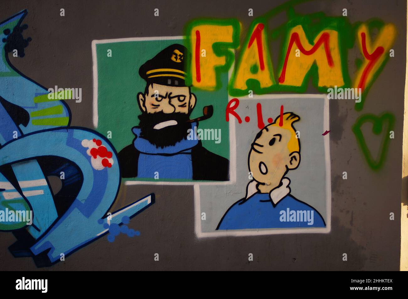 The comic characters Tintin and Captain Haddock on a graffito in Frankfurt, Germany. Stock Photo