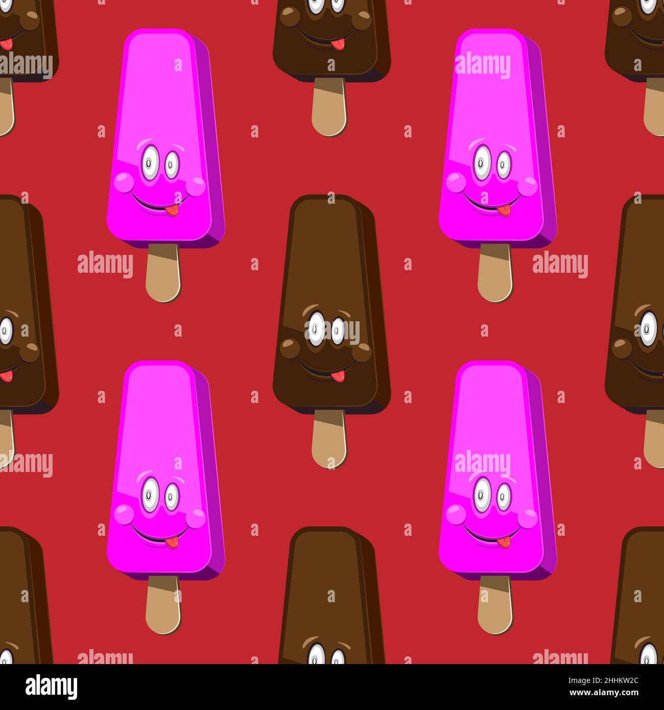 seamless pattern ice cream face smile chocolate vanilla on red background vector image Stock Vector