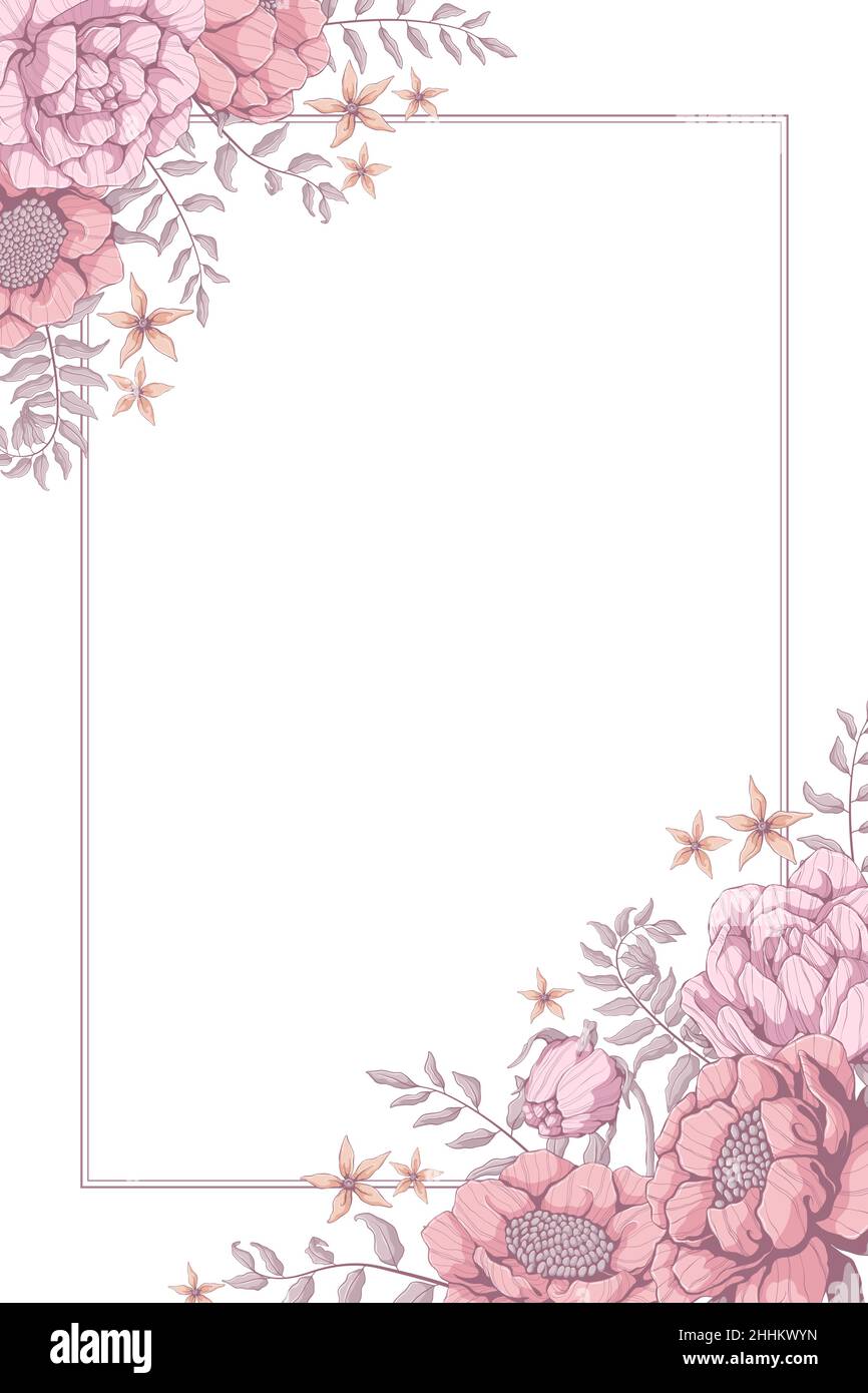 Vertical background with pink roses, peonies and grey leaves. Banners