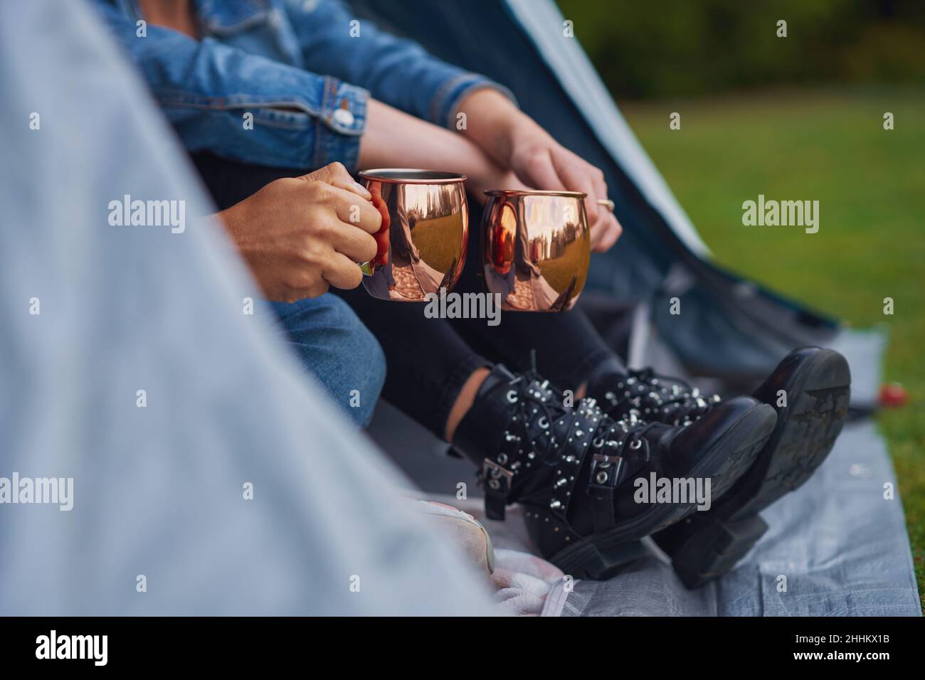 Young nice couple having fun on camping Stock Photo