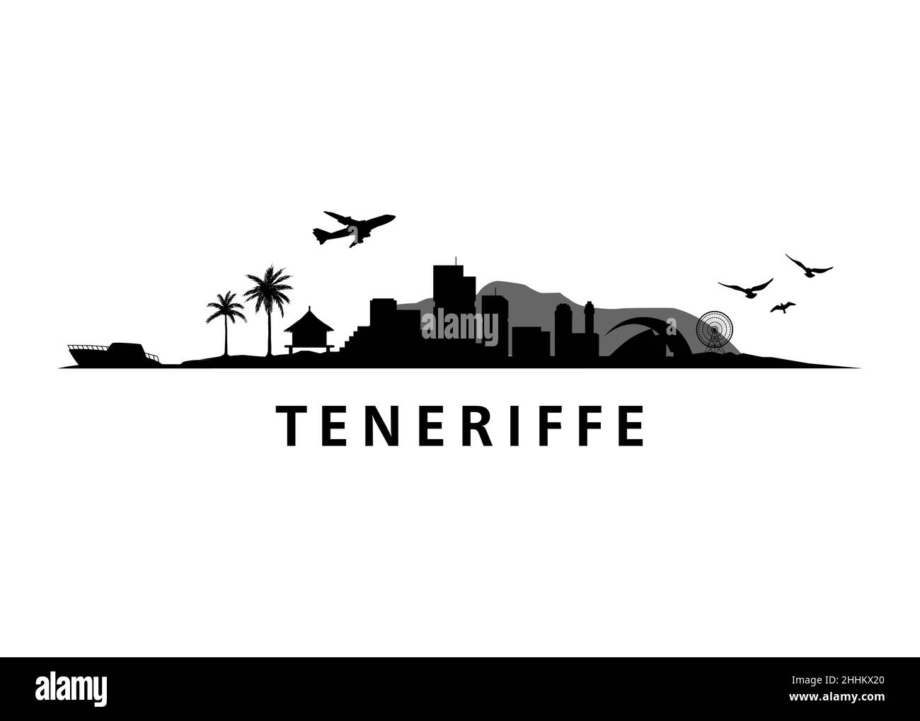 Teneriffe Tropical Exotic Island in Spain Landscape Skyline Vector Silhouette Stock Vector