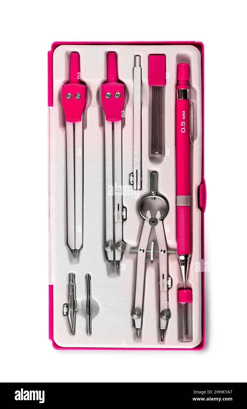 Red School Compasses Stationary Set isolated on white background Stock