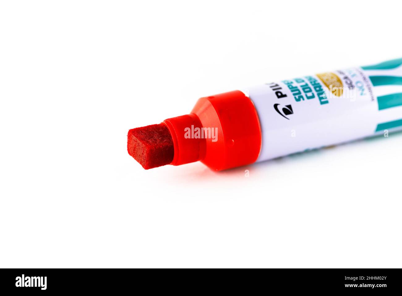 A red ink Pilot Super Color Marker, fat marker isolated on a white background. cutout image for editorial and illustration use. Stock Photo
