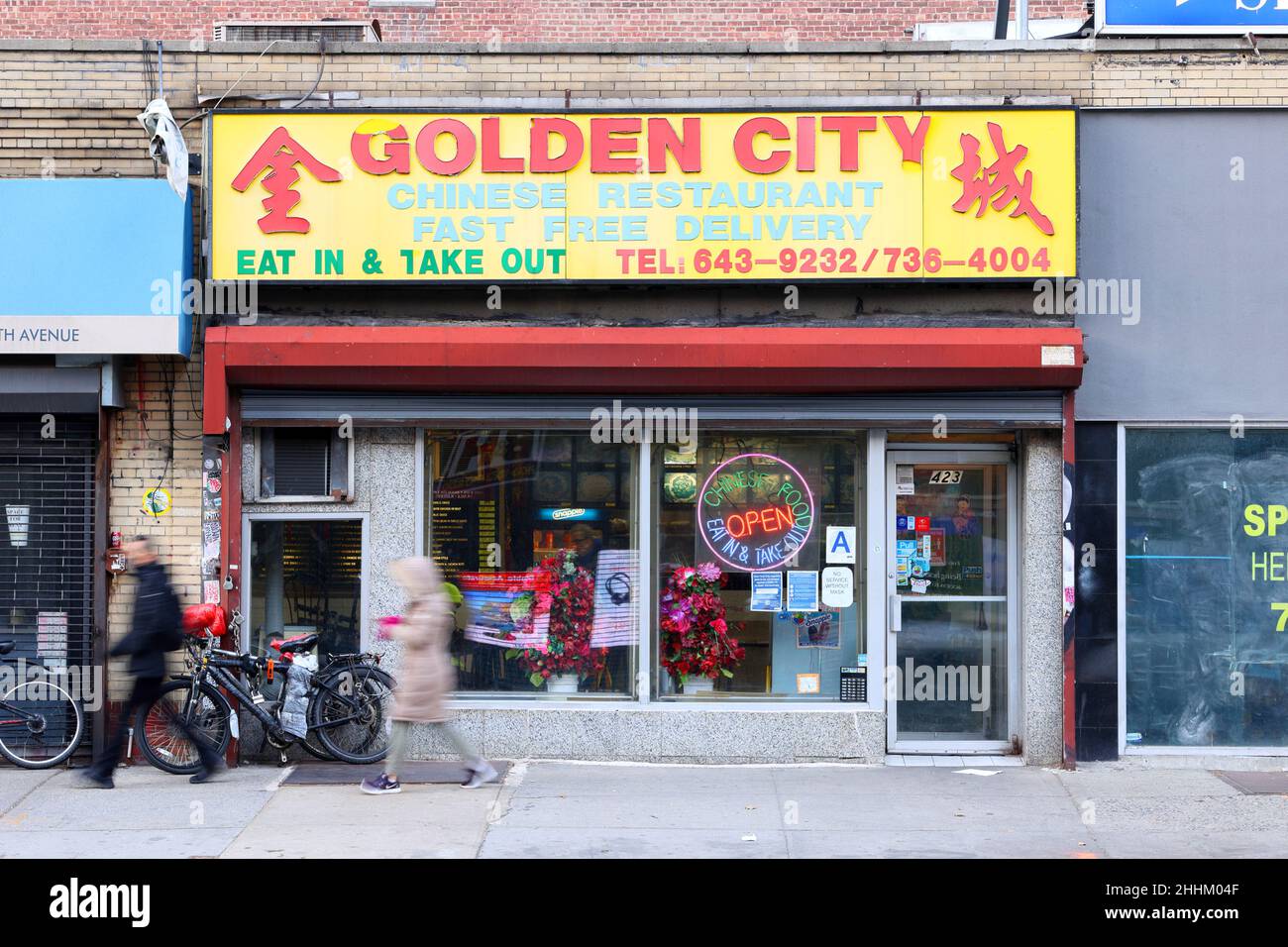 Golden City, 423 9th Ave, New York, NYC storefront photo of a Chinese restaurant in the Chelsea neighborhood of Manhattan. Stock Photo