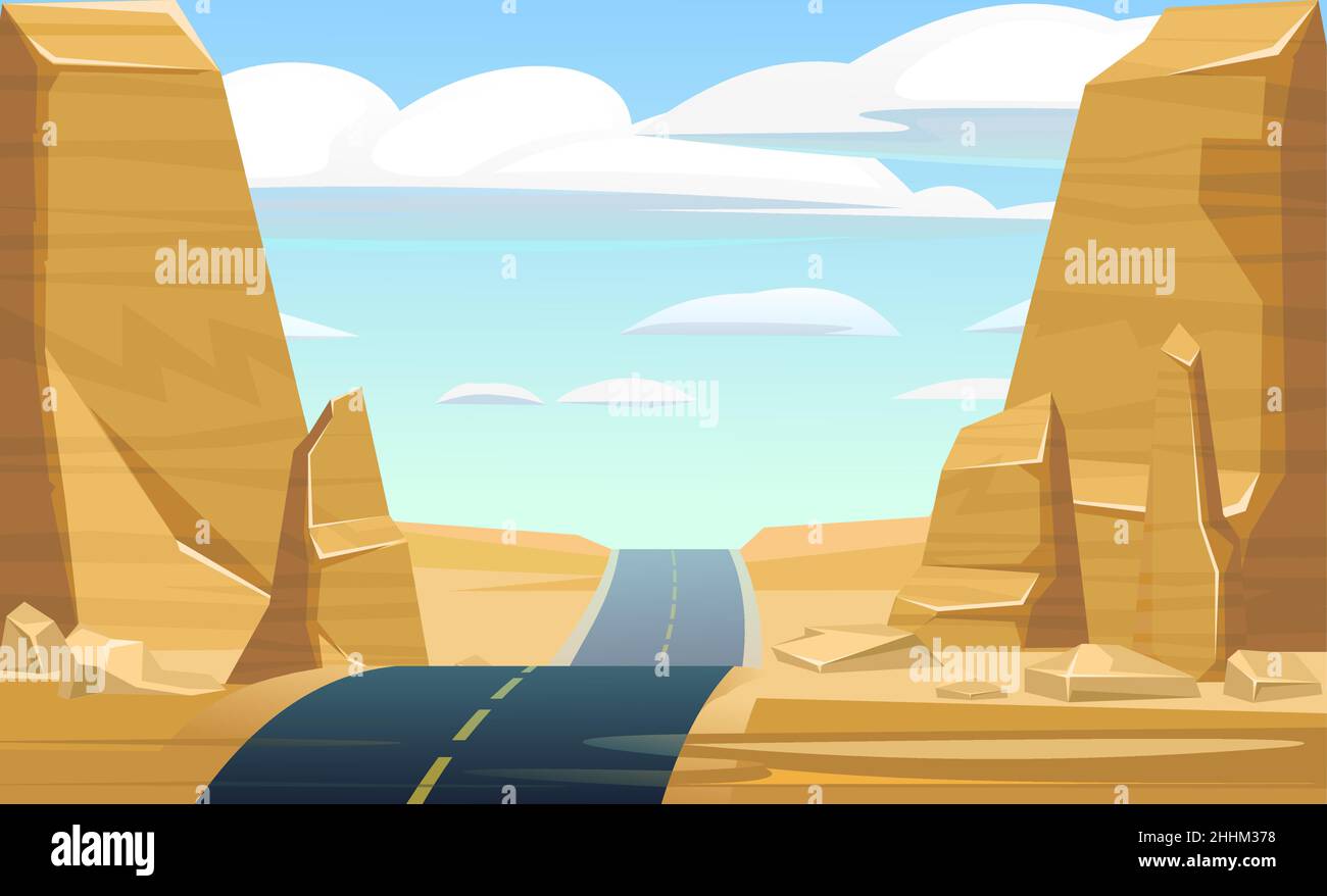 Good asphalt road. Quality modern empty highway. Desert landscape with rock stone cliffs. Suburban intercity pathway. Background illustration. Vector. Stock Vector