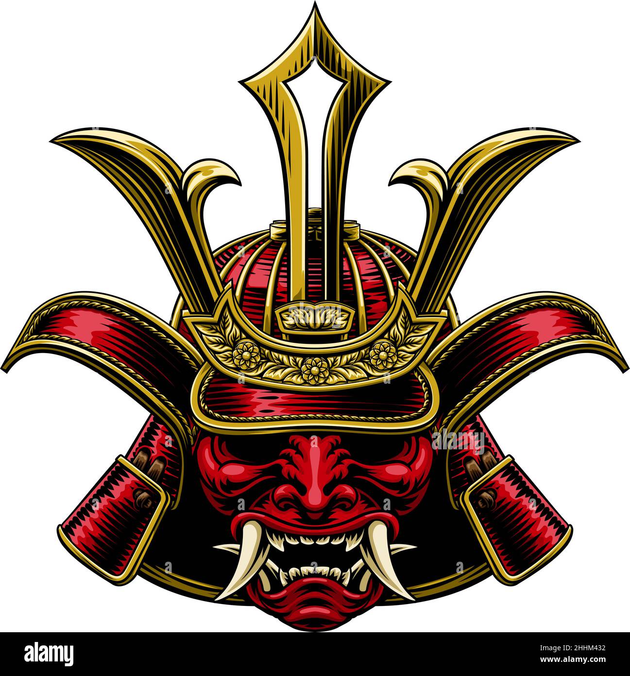 Samurai Mask Helmet Vintage Etching Woodcut Style Stock Vector Image