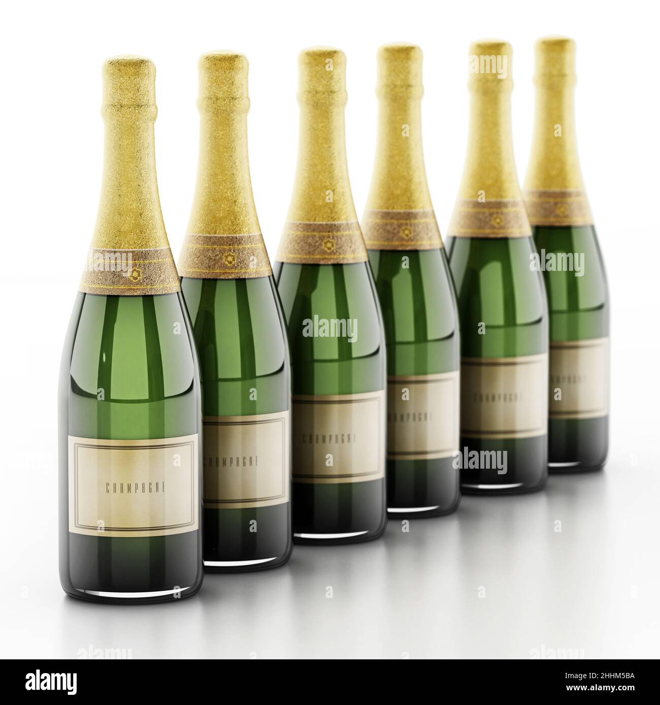 Champagne bottles standing in a a line. 3D illustration Stock Photo - Alamy