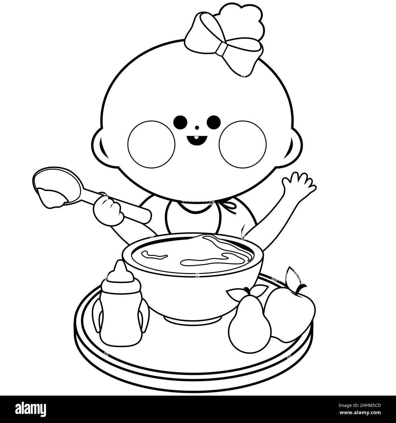 Baby girl eating cereal. Vector black and white coloring page Stock Photo