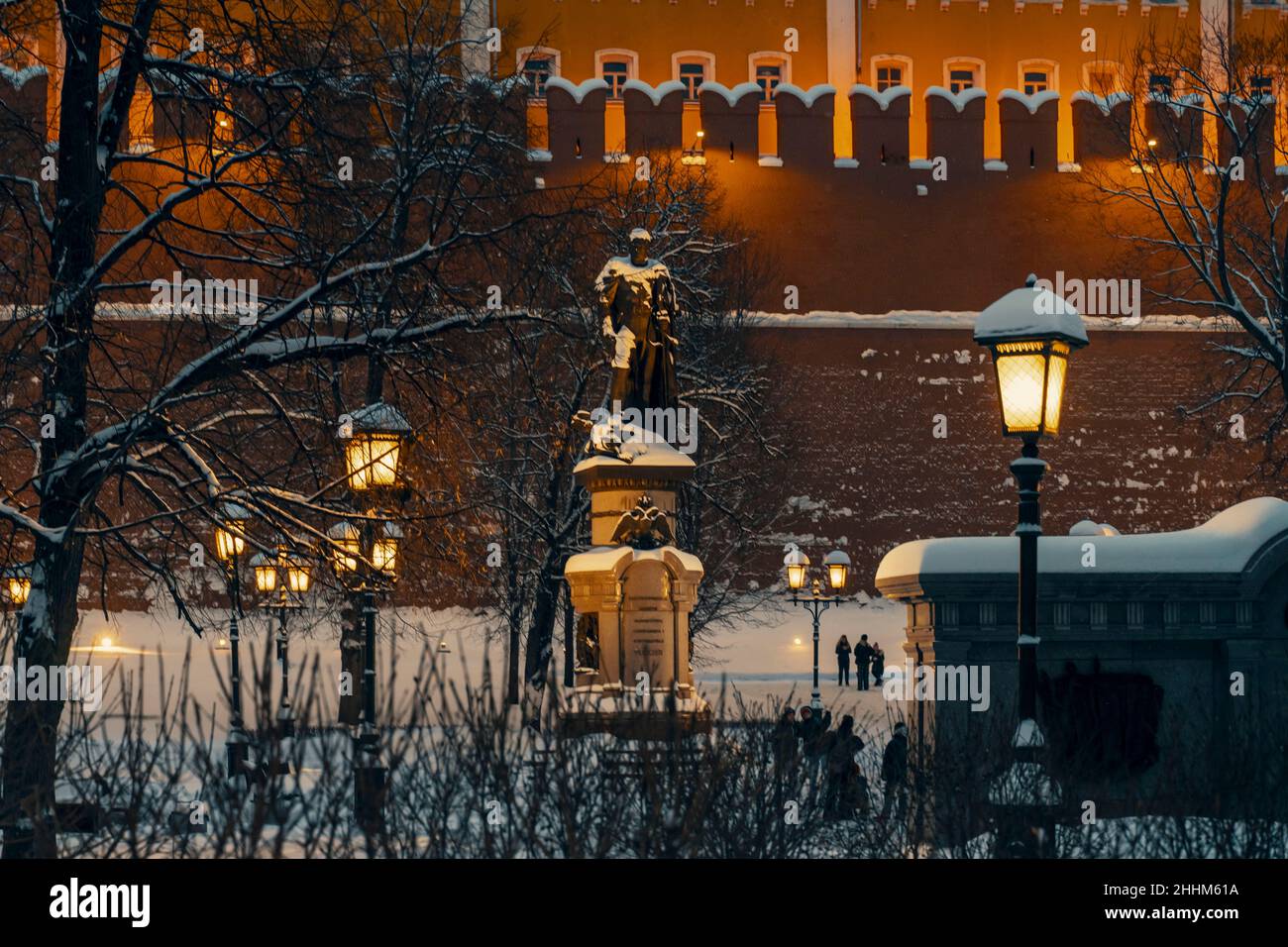 01.22.2022 Moscow, Russia. Monument to Alexander the First in the Alexander Garden on a snowy winter night Stock Photo