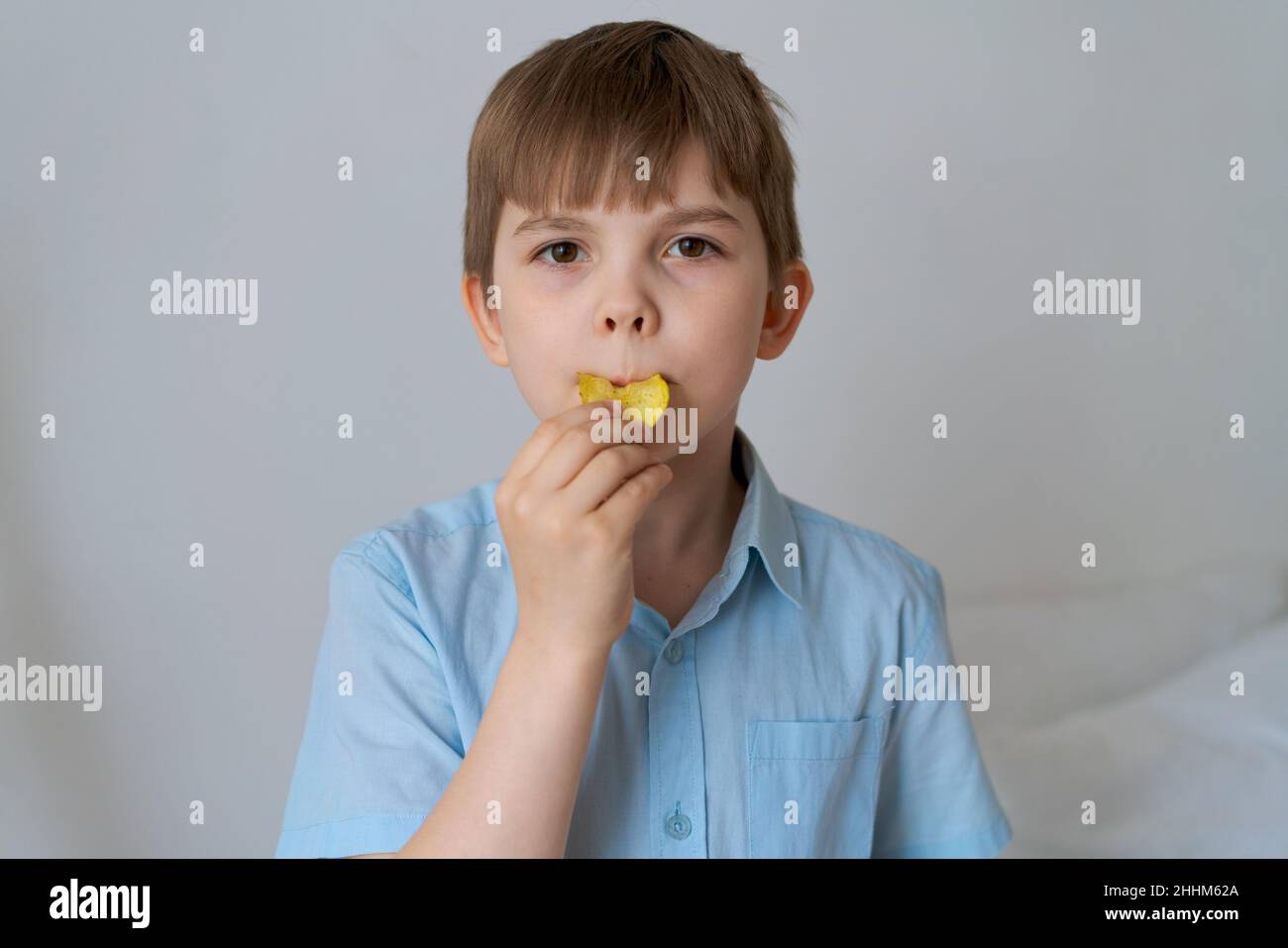 Childhood obesity concept. A little boy in blue shirt on gray background eats lot fried potato chips. Foods that cause childhood obesity. Caucasian boy looking at camera while eating Stock Photo