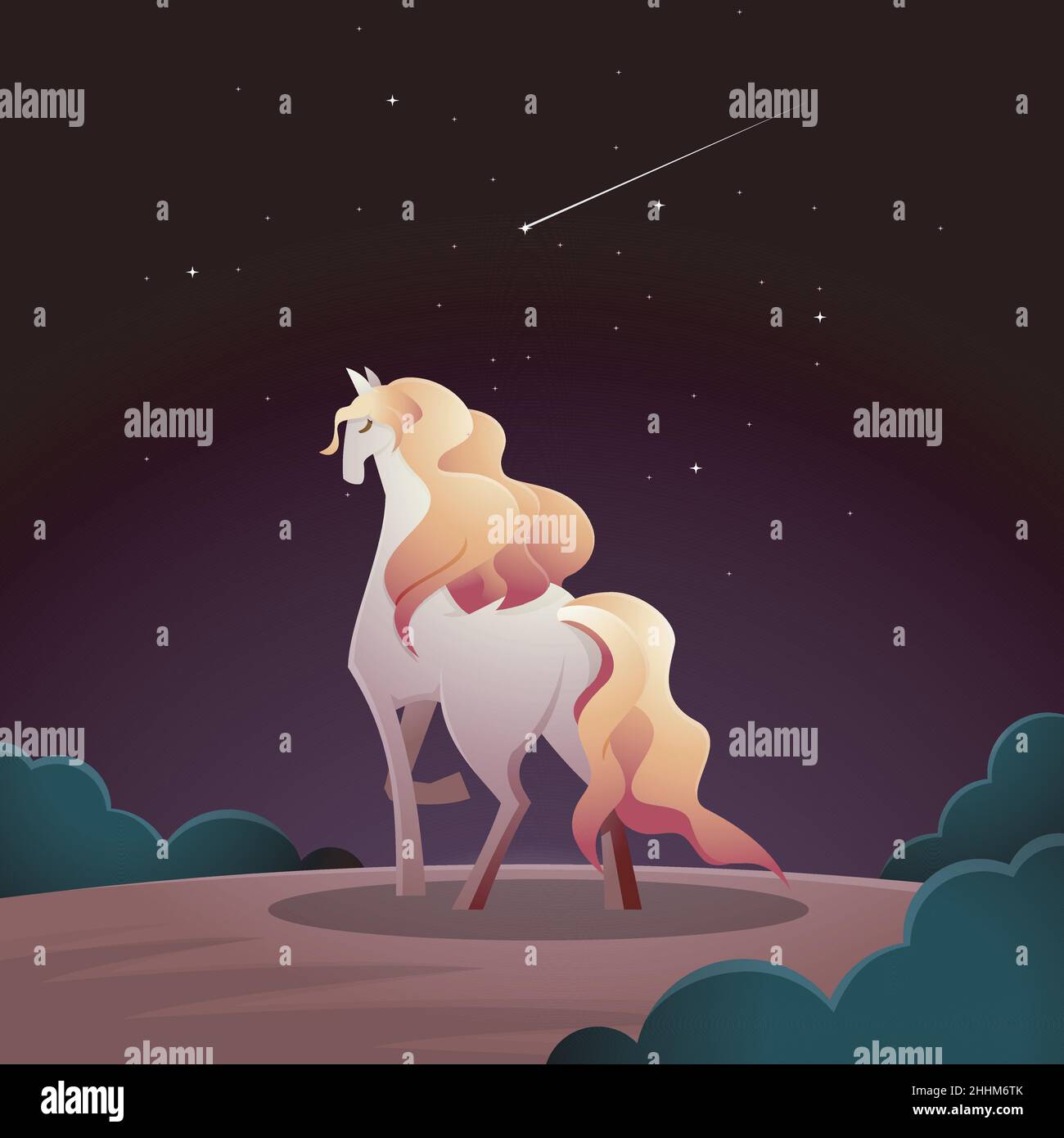Beautiful Long Hair Horse Mare Standing Night Shooting Star Fantasy