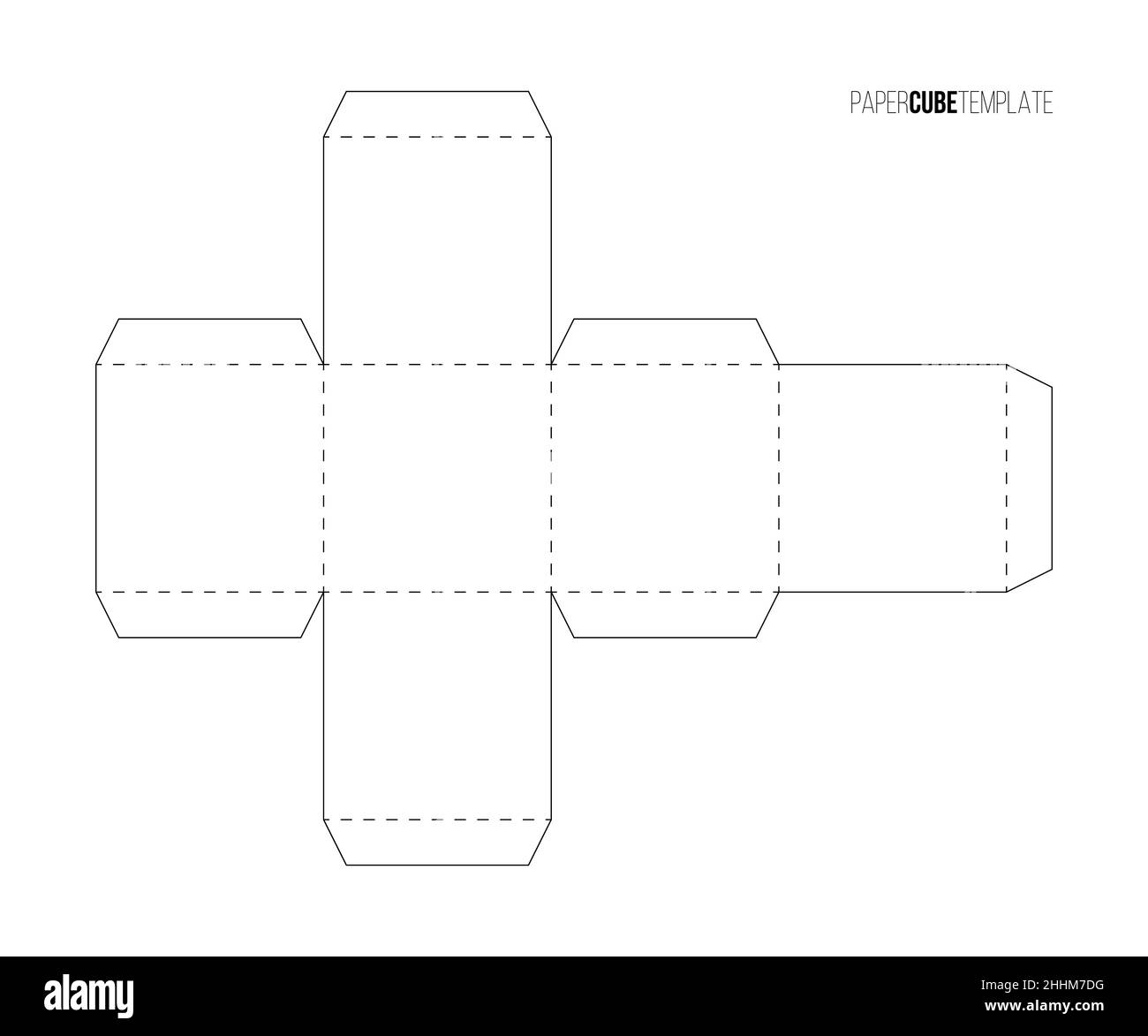White paper cube template to make box or package vector illustration. Printable blueprint of scheme to cut geometric model, papercraft to assemble bla Stock Vector