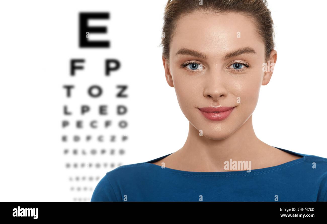 Woman patient checking eyesight with vision test with eye chart. Ophthalmology, eye test, eye exam Stock Photo