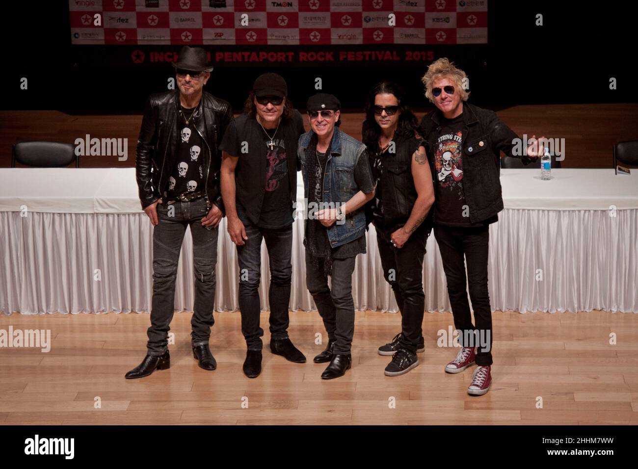 August 6, 2015 - South Korea, Incheon : German Rock Band Scorpions members attend their band 50th anniversary press conference at tribowl culture center in Incheon. Stock Photo