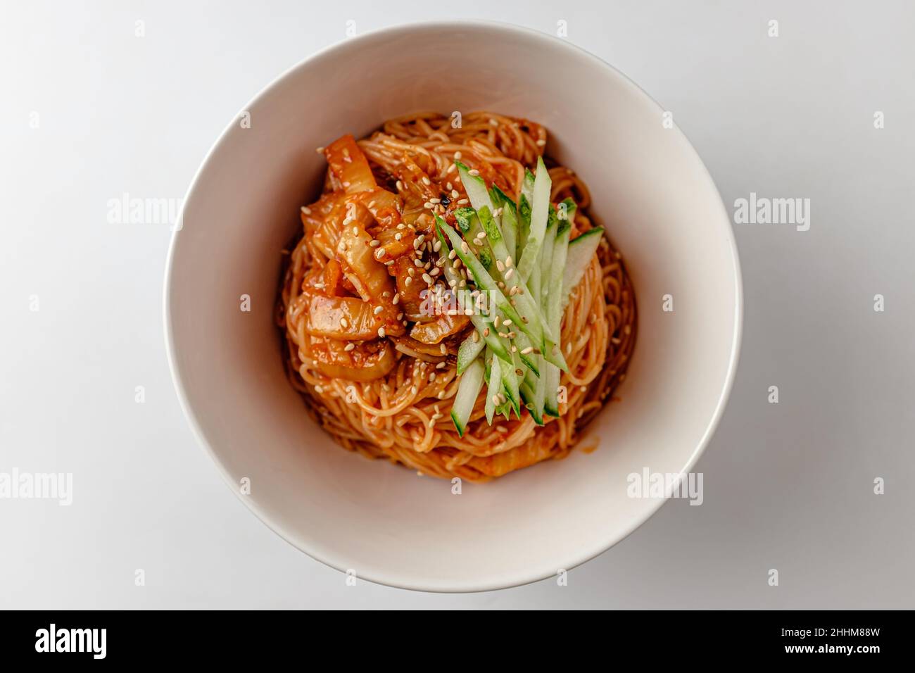 Korean food culture. Noodles with red pepper paste sauce. Spicy and