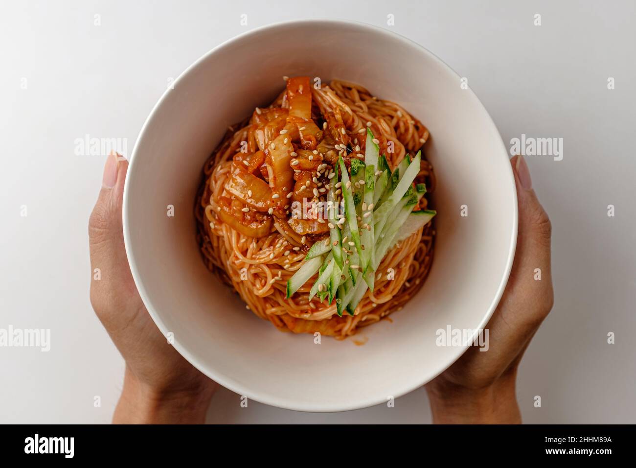 Korean food culture. Noodles with red pepper paste sauce. Spicy and