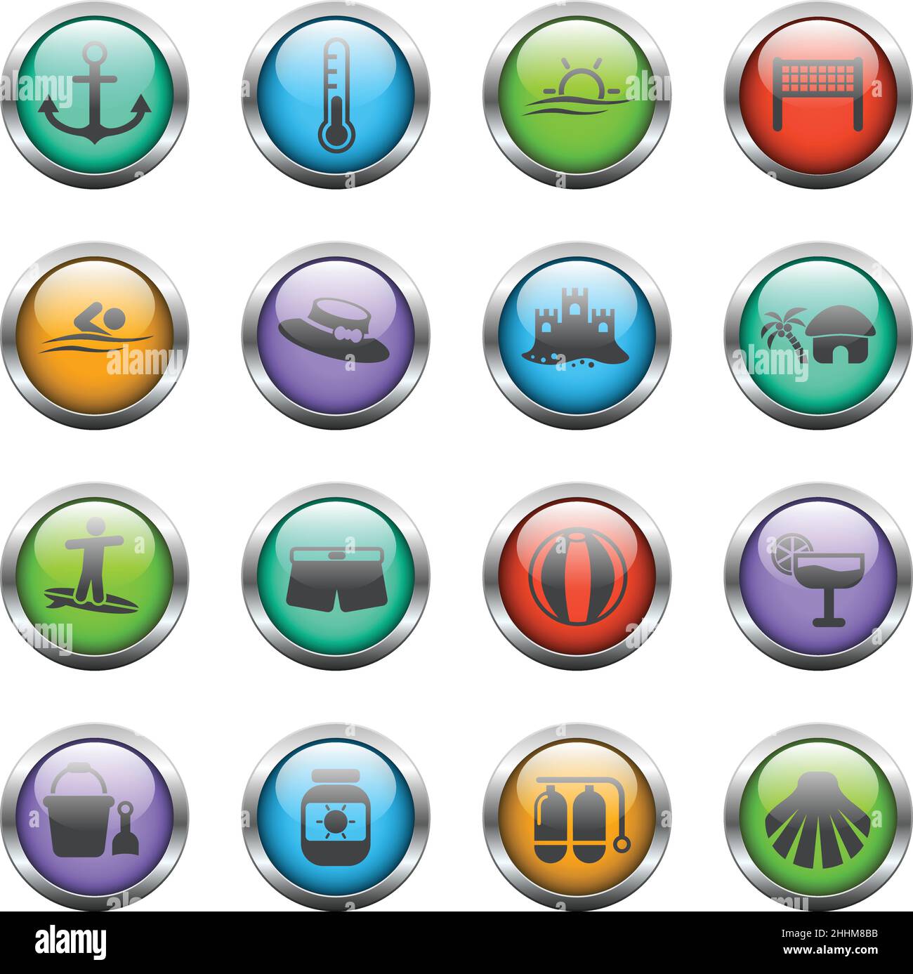 beach vector icons on color glass buttons Stock Vector