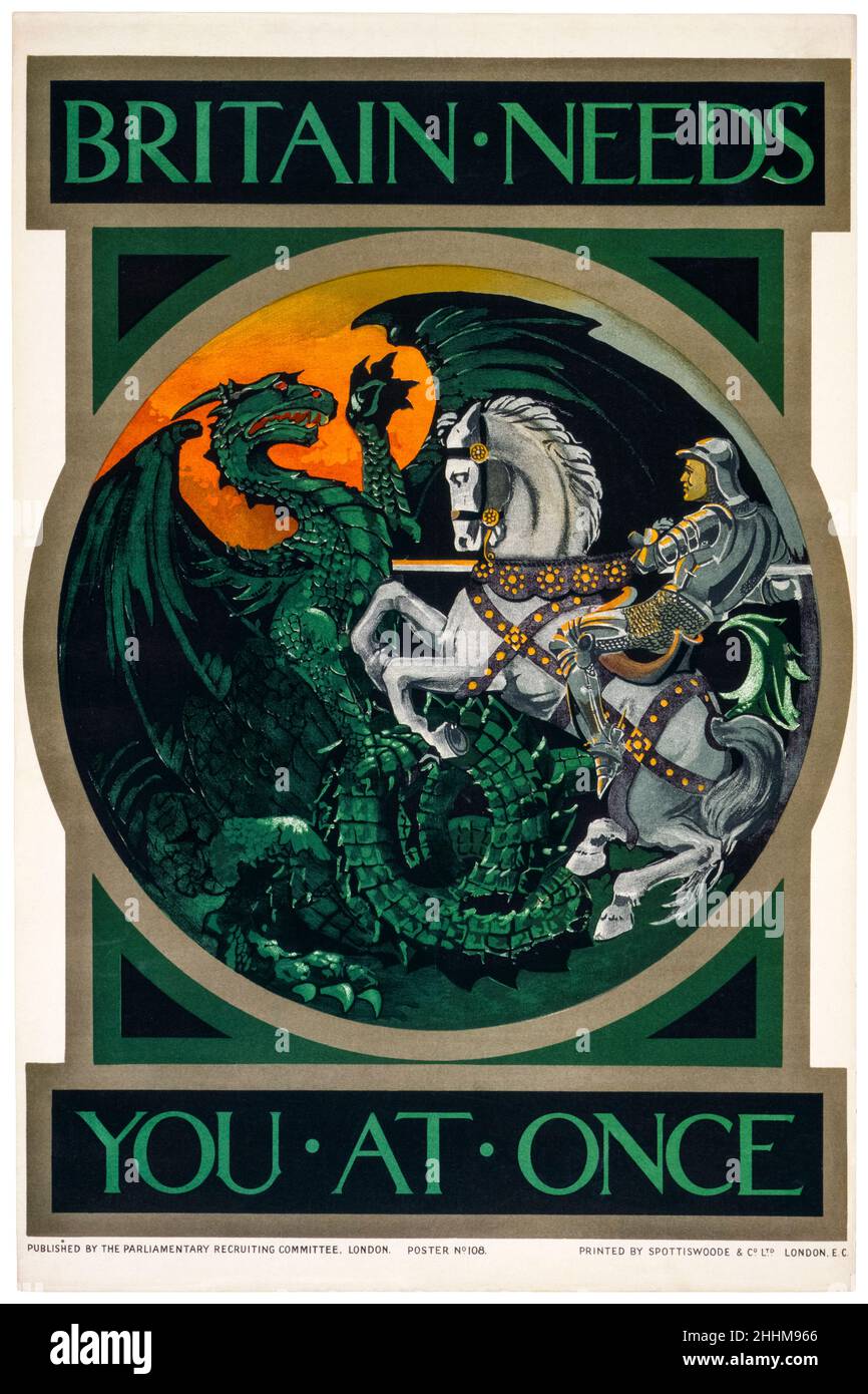 British WW1 Recruitment Poster, Britain needs you at once, St George and the Dragon, 1915 Stock Photo