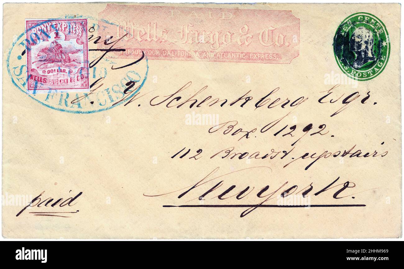 Wells Fargo & Co, Pony Express, San Francisco to New York, envelope and postage stamp, letter, 1861 Stock Photo