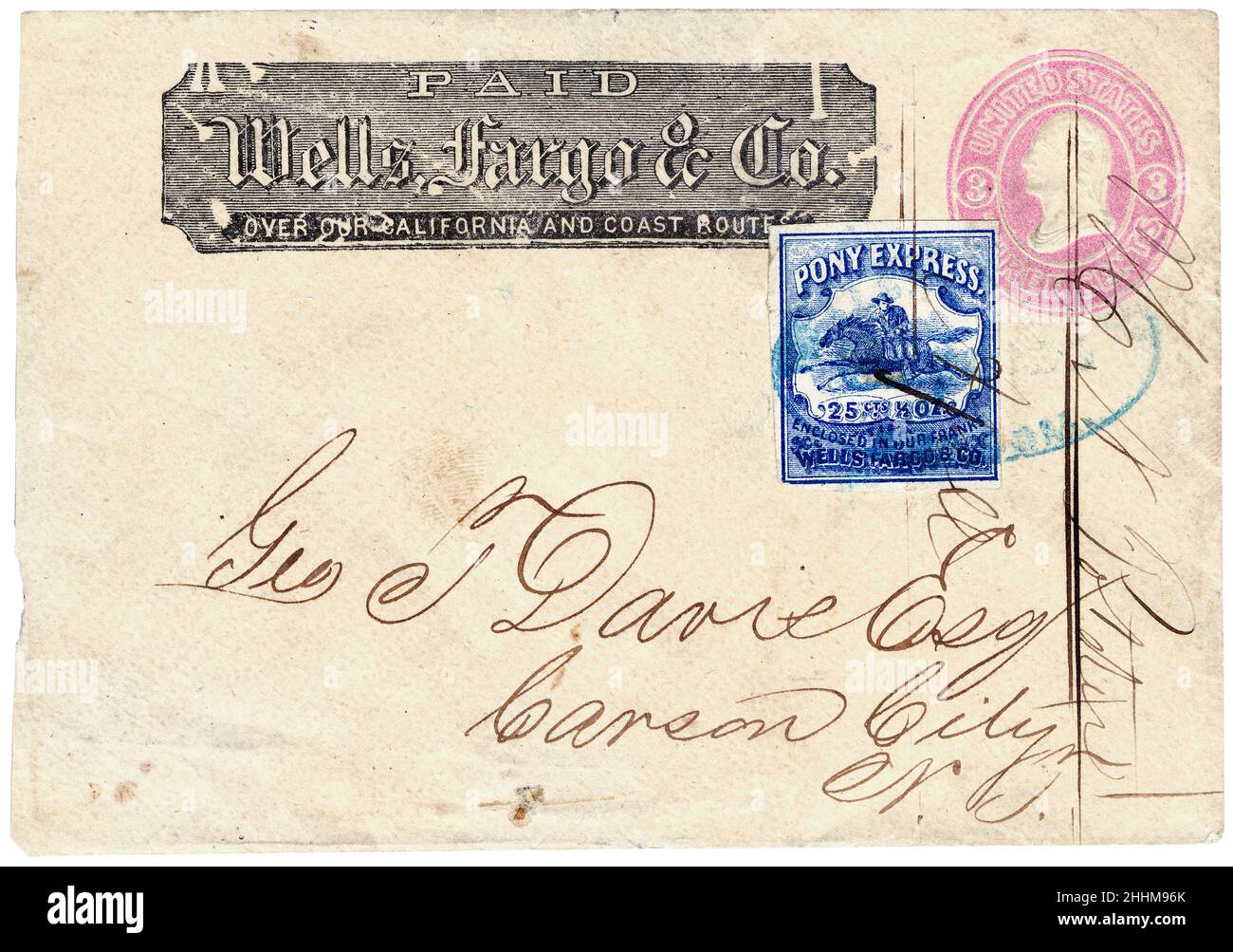 Wells Fargo & Co, Pony Express to Carson City NV, envelope and postage stamp, letter, 1862 Stock Photo