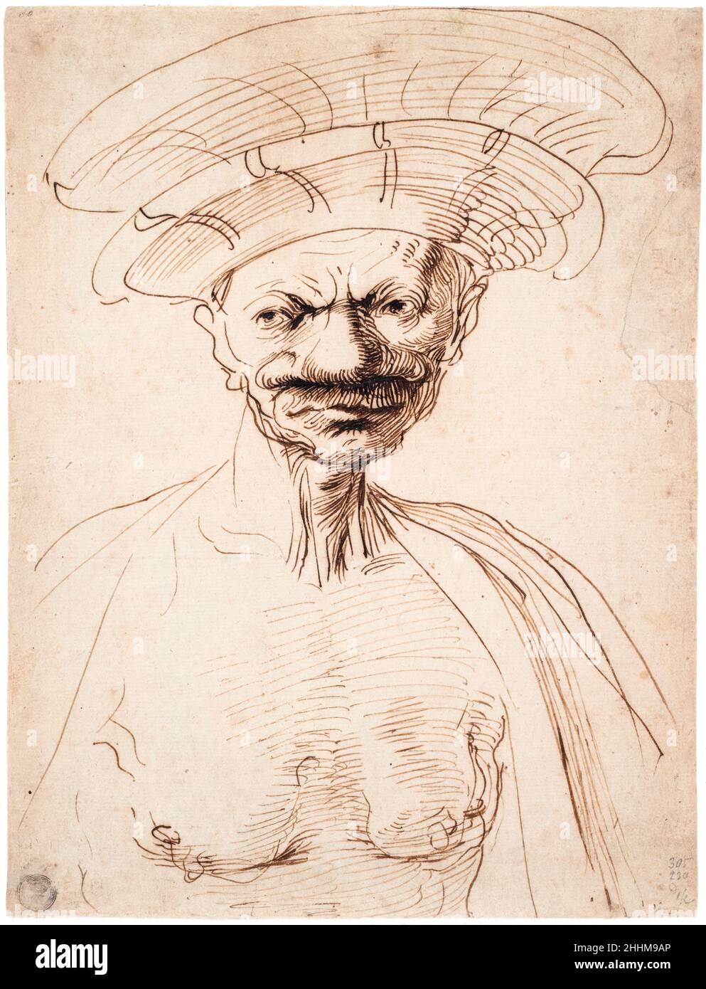 Man Wearing a Large Hat, caricature by Giovanni Francesco Barbieri (Guercino), 1630-1640 Stock Photo