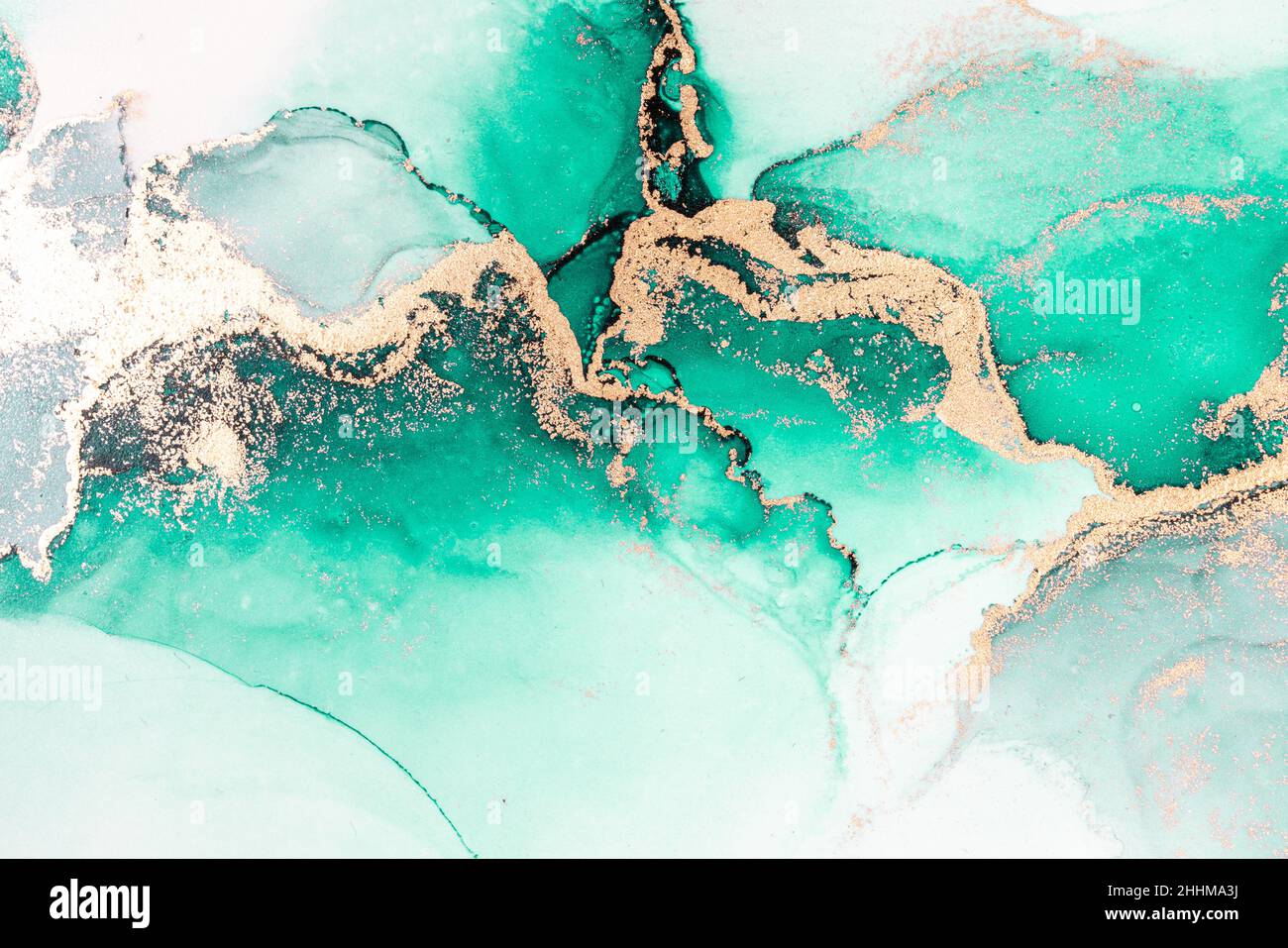 Green gold abstract background of marble liquid ink art painting on