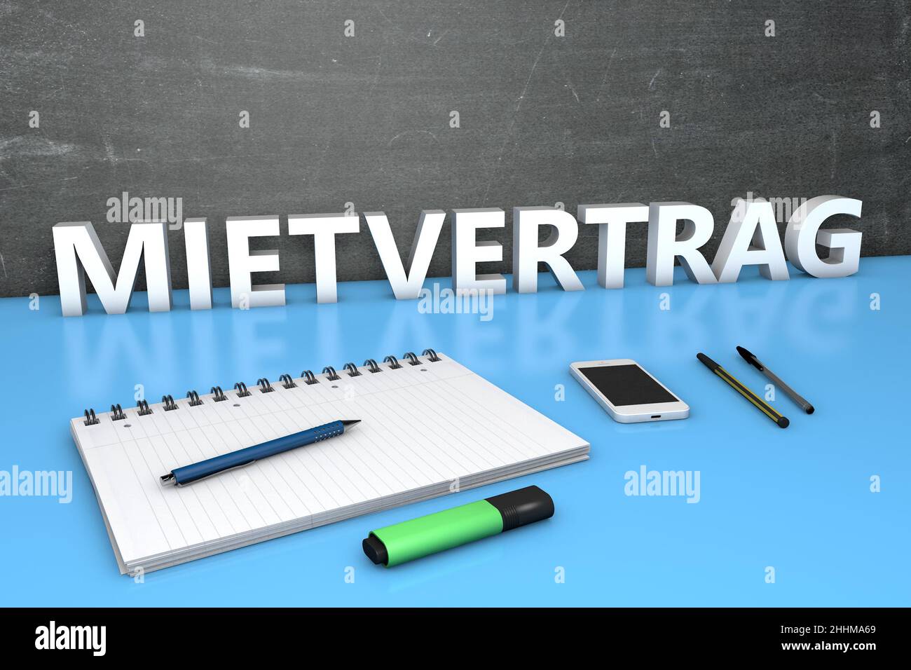 Mietvertrag - german word for rent contract or lease agreement - text concept with chalkboard, notebook, pens and mobile phone. 3D render illustration Stock Photo