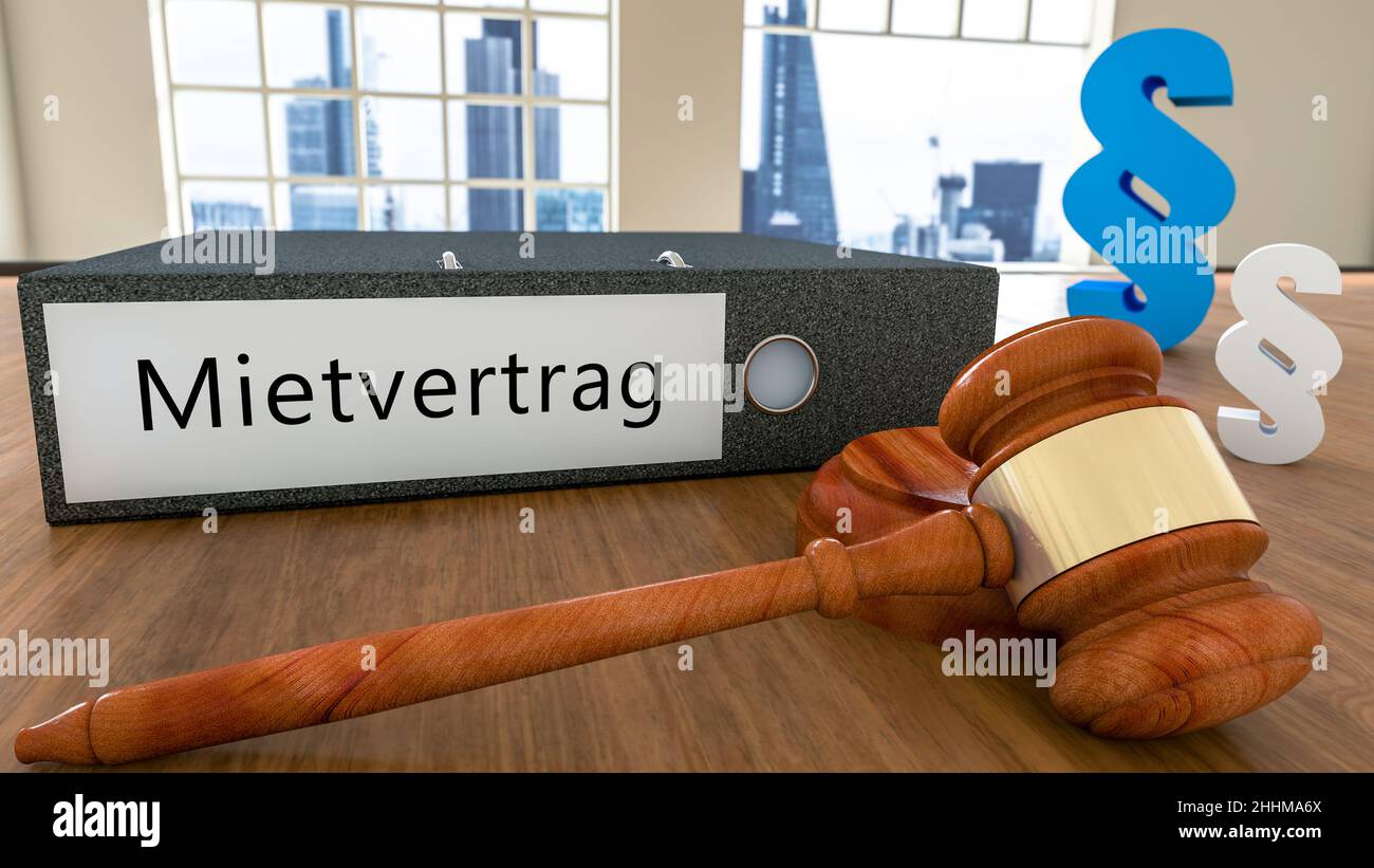 Mietvertrag - german word for rent contract or lease agreement - Text on file folder with court hammer and paragraph symbols on a desk - 3D render ill Stock Photo
