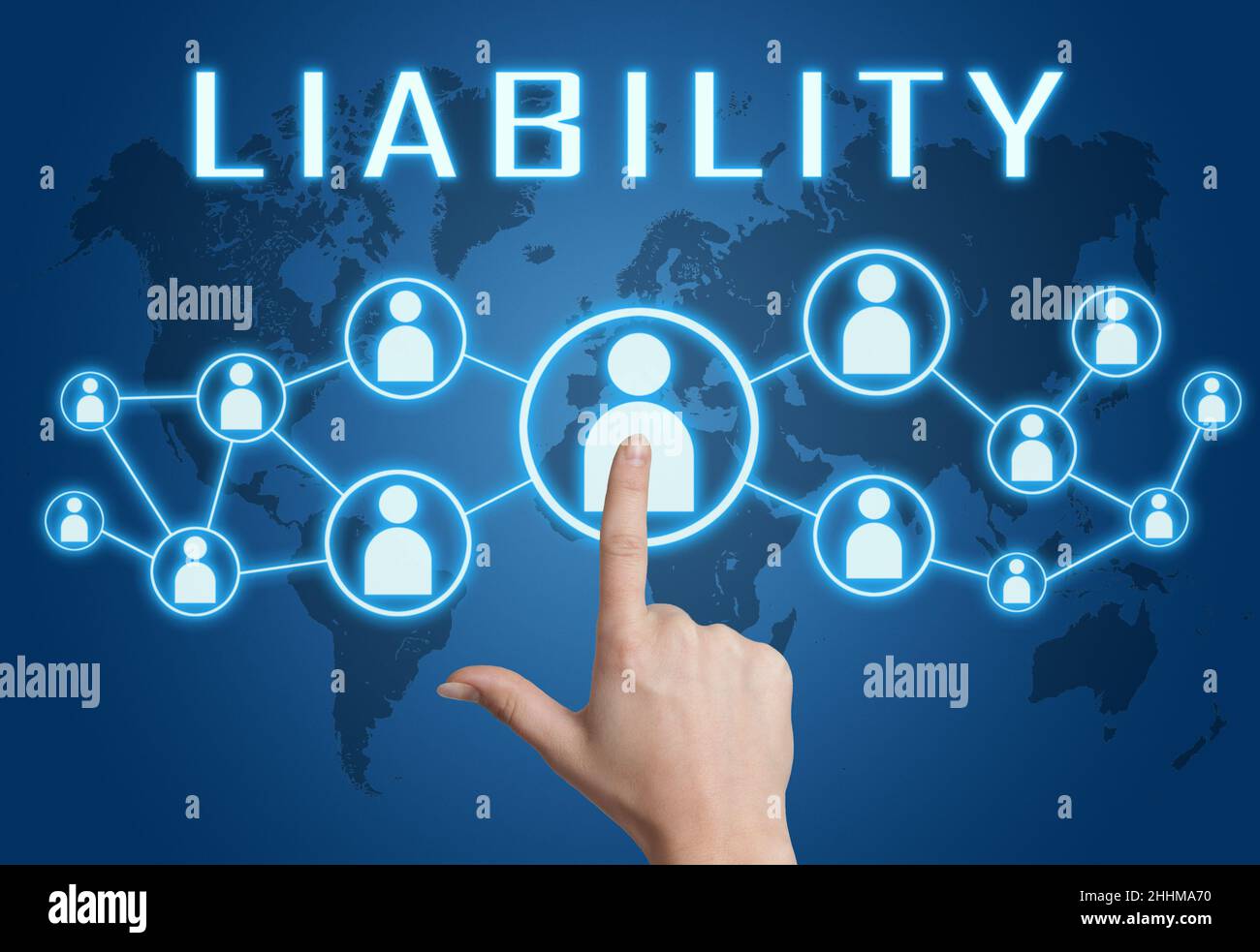 Liability - text concept with hand pressing social icons on blue world ...