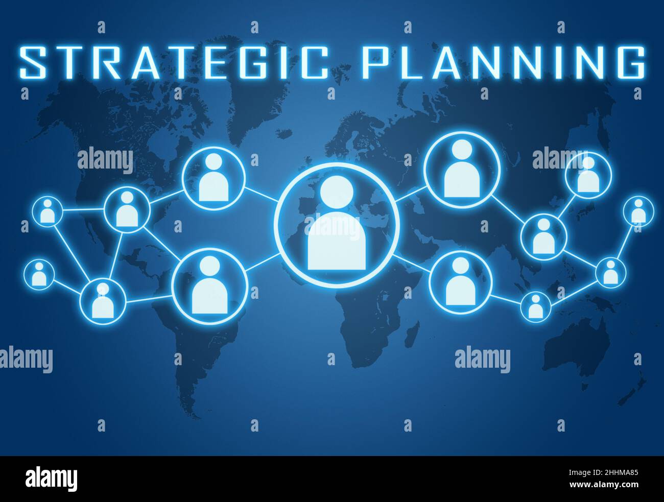 Strategic Planning - text concept on blue background with world map and social icons. Stock Photo