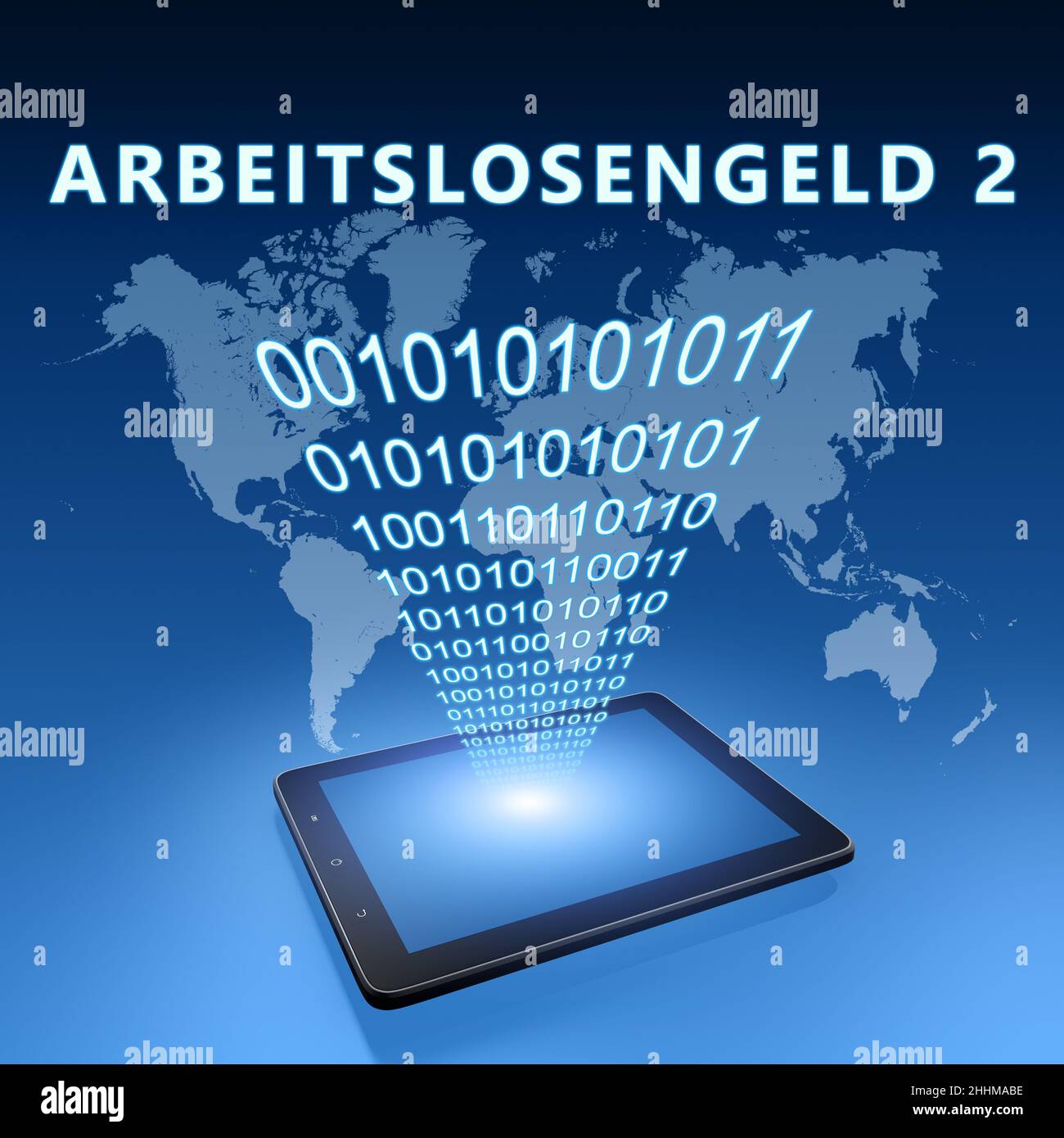 Arbeitslosengeld 2 - german word for unemployment benefit or dole money - text concept with tablet computer on blue wolrd map background - 3d render i Stock Photo