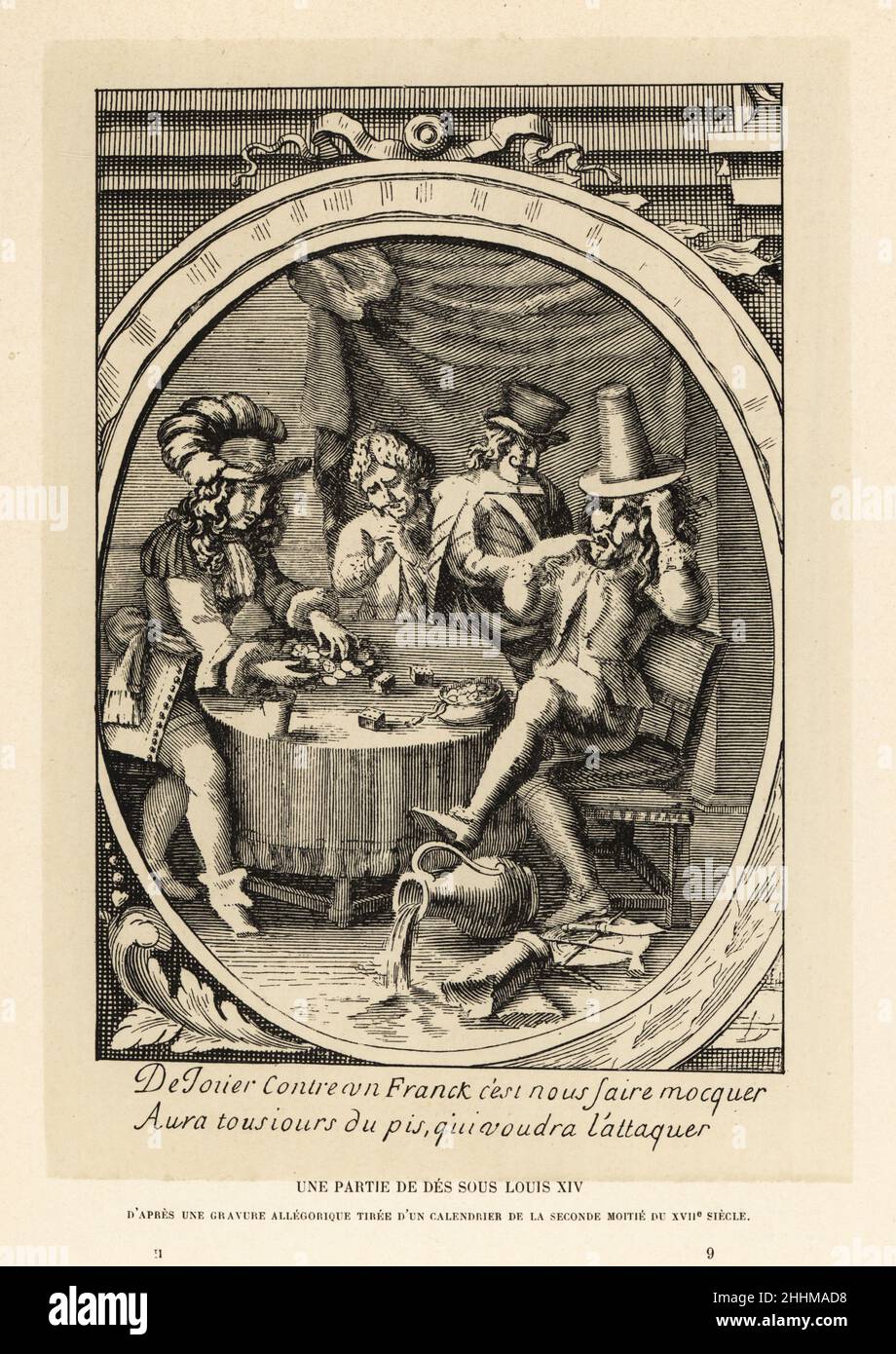 King Louis XIV depicted playing dice at a gaming table. The winner pulls a mound of coins toward him, while the loser kicks over a jug of wine on the floor, After an allegorical engraving in a calendar, second half of 17th century. Une partie de des sous Louis XIV. Lithograph from Henry Rene d’Allemagne’s Recreations et Passe-Temps, Games and Pastimes, Hachette, Paris, 1906. Stock Photo