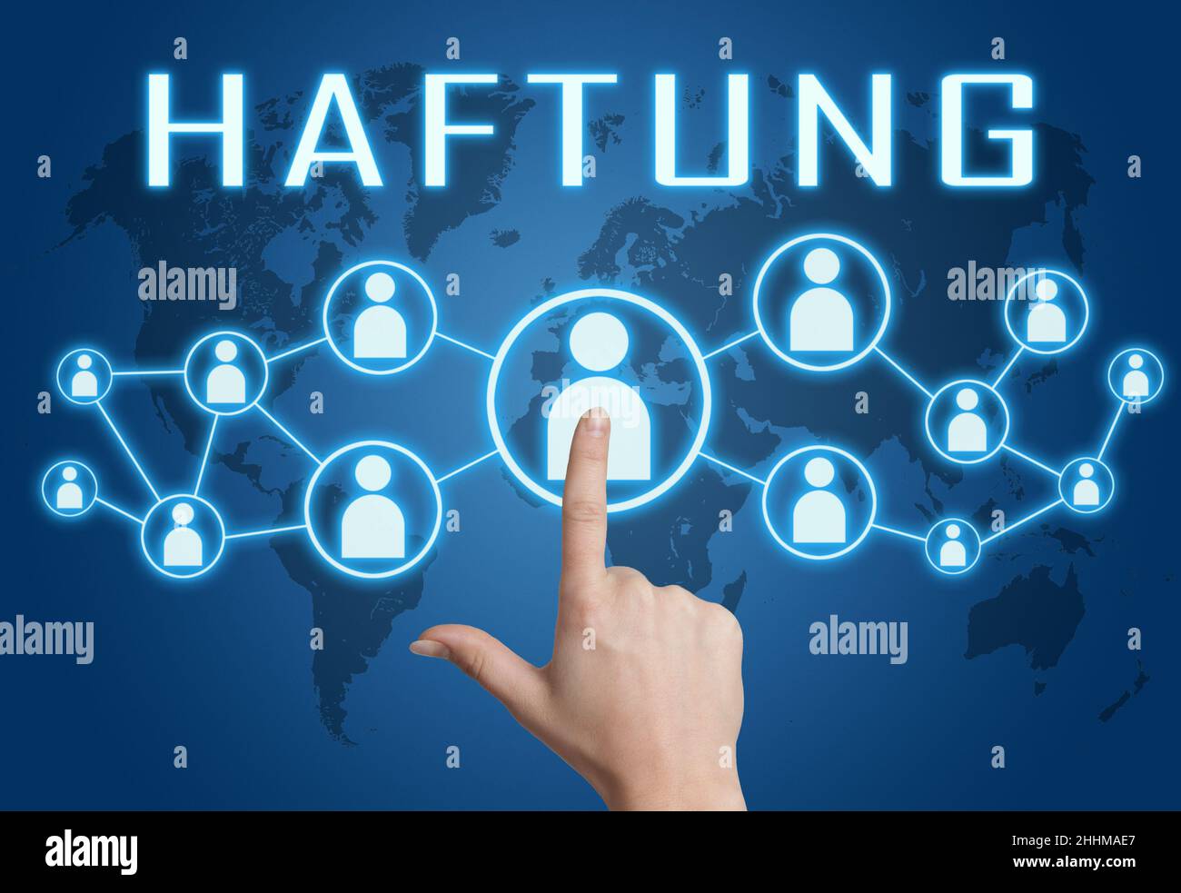 Haftung - german word for liability - text concept with hand pressing social icons on blue world map background. Stock Photo
