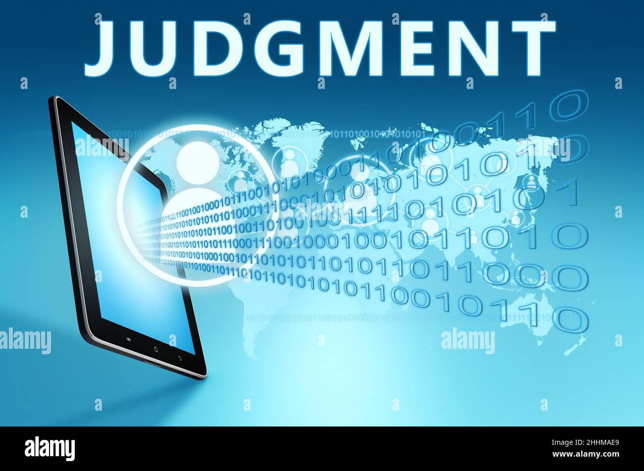 Judgement Rendered Judgment - text concept with tablet computer on blue wolrd map ...