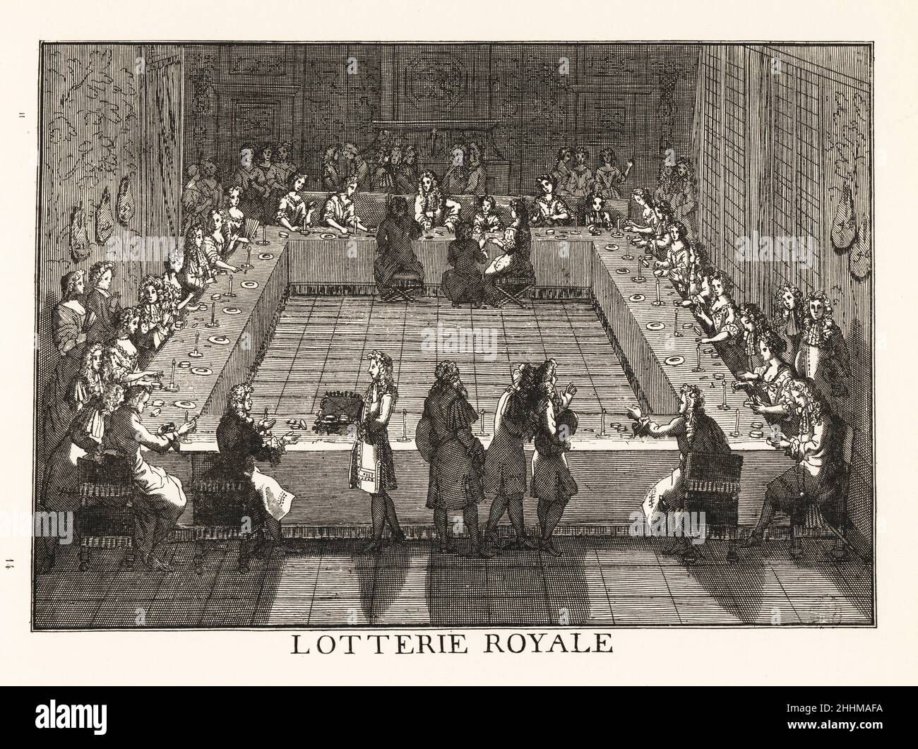 King Louis XIV holding the royal lottery as part of his wedding celebrations in 1660. Courtiers sit at a square table in a large hall by candlelight. Lotterie royale. Lithograph after a 17th-century engraving from Henry Rene d’Allemagne’s Recreations et Passe-Temps, Games and Pastimes, Hachette, Paris, 1906. Stock Photo
