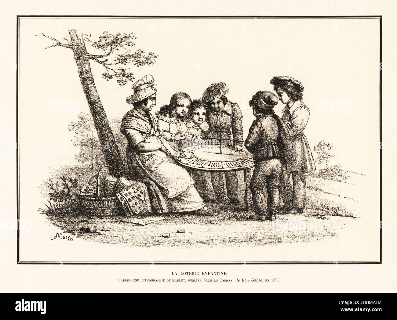 French children playing a wheel of fortune, 1825. A woman vendor holds the table while the children spin the arrow. La Loterie Enfantine, apres une lithographie par Jean-Henri Marlet, Le Bon Genie. Lithograph from Henry Rene d’Allemagne’s Recreations et Passe-Temps, Games and Pastimes, Hachette, Paris, 1906. Stock Photo