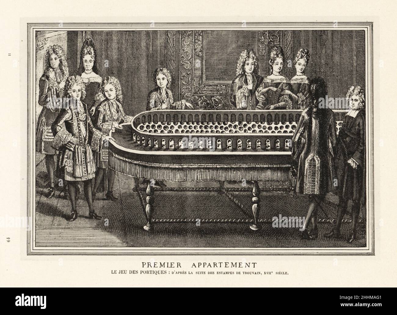 King Louis XIV, family and courtiers playing the game of bagatelle in the First Apartment, Versailles, 1694. Louis XIV, Philippe I, Duke of Anjou, Charles, Duke of Berry, Louis, Grand Dauphin and others After an engraving by Antoine Trouvain. Premier Appartement. Le Jeu de Portiques. Lithograph from Henry Rene d’Allemagne’s Recreations et Passe-Temps, Games and Pastimes, Hachette, Paris, 1906. Stock Photo